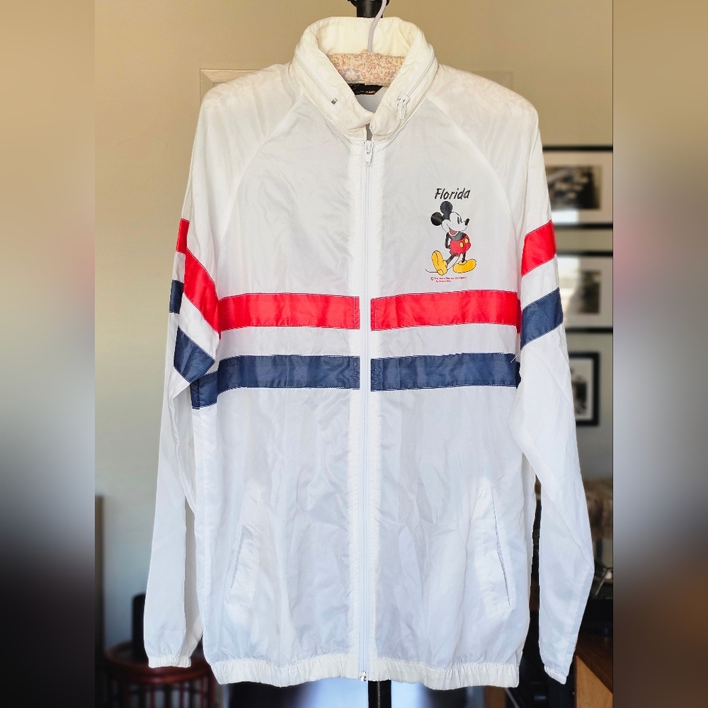 VTG 80s Mickey Mouse Windbreaker Jacket with Red & Navy Stripes